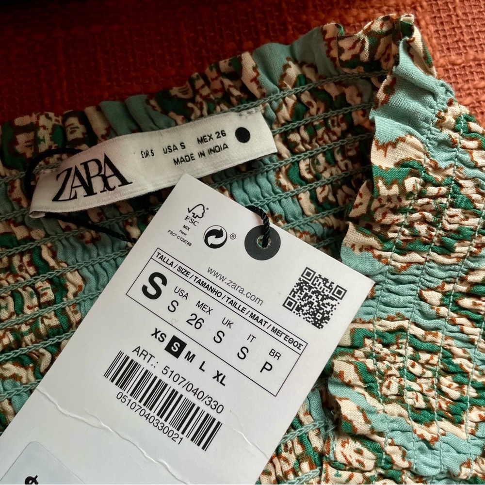 Zara Boho Drawstring Smock Waist Medallion Printed Maxi Skirt In Green S NWT - Picture 8 of 15